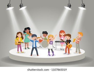 Band with cartoon children playing music on stage
