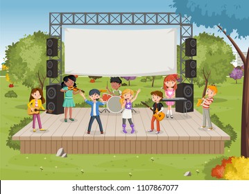 Band with cartoon children playing music on stage in the park