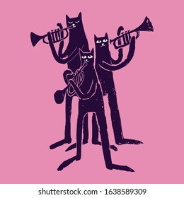 band of cat play on trumpet engraved illustration