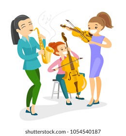 Band of caucasian white musicians playing the musical instruments. Young musicians at the music performance. Men playing the violin, guitar, saxophone. Vector cartoon illustration. Horizontal layout.
