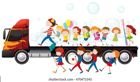 Band and children in parade illustration