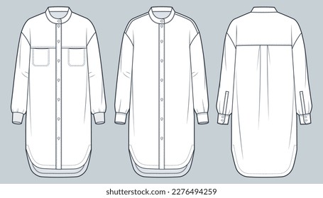 Band Collar Shirt Dress technical fashion Illustration. Button-up Dress fashion flat technical drawing template, cuffed long sleeves, front and back view, white, women, men, unisex CAD mockup set. 
