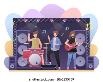 Band Concert Illustration, Music Group Performing in Stage. This illustration can be use for website, landing page, web, app, and banner.