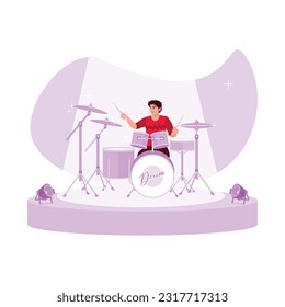 The band drummer trains hard for a concert in a music studio. Trend Modern vector flat illustration.