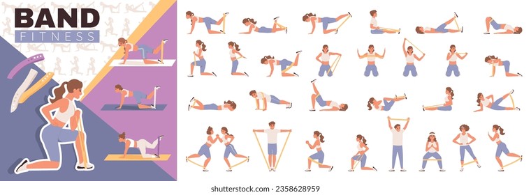 Band fitness flat composition with male and female characters training body muscles using elastic bands vector illustration