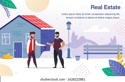 Band House Loan, Real Estate Agency Service Trendy Flat Vector Ad Banner, Promo Poster Template. Realtor, Bank Employee, Home Owner Giving Key to Client, Man Buying or Renting New House Illustration