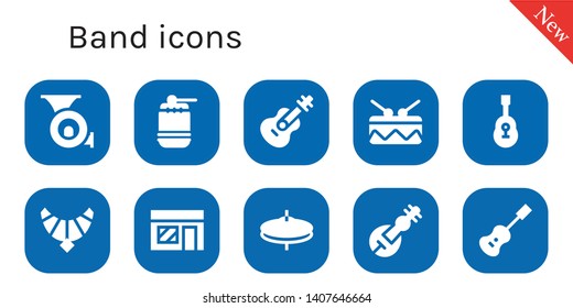 band icon set. 10 filled band icons.  Collection Of - French horn, Drum, Guitar, Jewel, Music store, Cymbals, Veena, Acoustic guitar