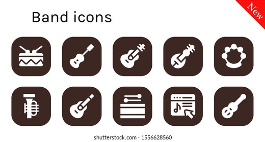 band icon set. 10 filled band icons.  Collection Of - Drum, Acoustic guitar, Guitar, Veena, Tambourine, Tuba, Music store icons
