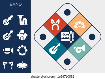 band icon set. 13 filled band icons. Included Painting brush, Headband, Cymbals, Jazz, Tambourine, Guitar, Punk, Veena, Trombone, French horn icons