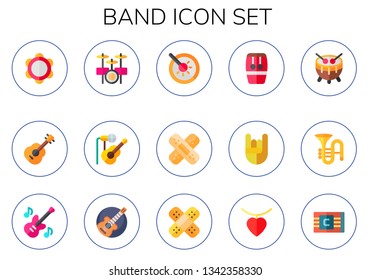 band icon set. 15 flat band icons.  Simple modern icons about  - tambourine, guitar, drum set, concert, drum, band aid, conga, heavy metal, trombone, bass guitar, necklace, bracelet