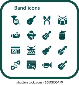 band icon set. 16 filled band icons.  Simple modern icons such as: French horn, Guitar, Headband, Drum, Bandaged finger, Punk, Music store, Electric guitar, Veena, Chest expander