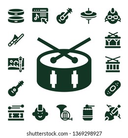 band icon set. 17 filled band icons.  Collection Of - Bracelet, Trombone, Painting brush, Drum, Guitar, Plaster, Music store, Punk, French horn, Cymbals, Cello