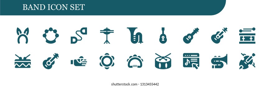 band icon set. 18 filled band icons.  Collection Of - Headband, Tambourine, Chest expander, Cymbals, Trombone, Guitar, Drum, Bandaged finger, Music store, Cello