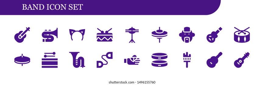 band icon set. 18 filled band icons.  Simple modern icons about  - Guitar, Trombone, Headband, Drum, Cymbals, Punk, Electric guitar, Chest expander, Bandaged finger, Bracelet