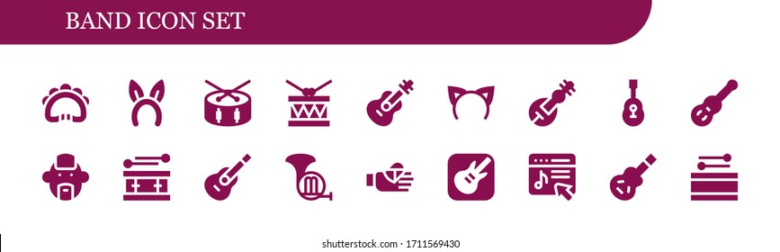 Band Icon Set. 18 Filled Band Icons. Included Tambourine, Headband, Drum, Guitar, Veena, Punk, French Horn, Bandaged Finger, Garage Band, Music Store, Electric Guitar Icons