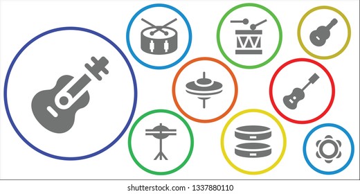 band icon set. 9 filled band icons.  Collection Of - Guitar, Drum, Cymbals, Bracelet, Acoustic guitar, Tambourine