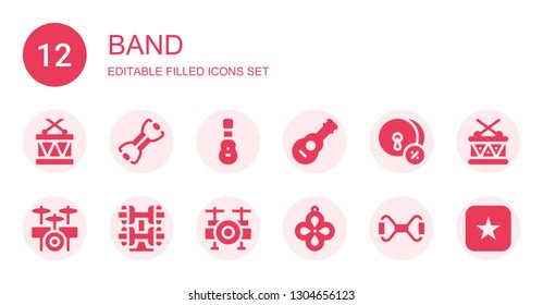 band icon set. Collection of 12 filled band icons included Drums, Bands, Acoustic guitar, Guitar, Cymbals, Drum set, Bracelet, Pendant, Chest expander, Drum, Itunes