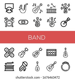 band icon set. Collection of Drums, Drum set, Saxophone, Plaster, Guitar, Drum, Bass guitar, Band aid, Karaoke, Acoustic guitar, Bracelet icons