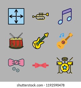 band icon set. vector set about music, drum set, trumpet and drum icons set.