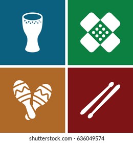 Band icons set. set of 4 band filled icons such as bandage, drum stick, maraca