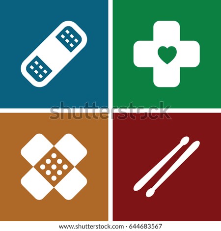 Band icons set. set of 4 band filled icons such as bandage