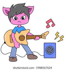 band kitten playing music using guitar, vector illustration art. doodle icon image kawaii.