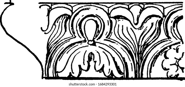 Moldura de banda, molduras de hojas de agua enriquecidas, cualquier pequeña banda o moldura plana, corona un architrave dorado, dibujo vintage o ilustración de grabado.