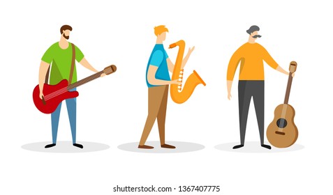 Band of Music Player Male Characters with Electric, Acoustic Guitar and Saxophone Isolated on White Background. Jazz or Blues Musicians Playing Instruments. Cartoon Flat Vector Illustration, Clip Art.