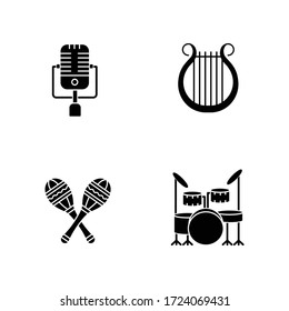 Band musical instruments black glyph icons set on white space. Vintage microphone. Greek lyra. Crossed maracas. Drum kit to play beats. Silhouette symbols. Vector isolated illustration
