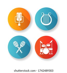 Band musical instruments flat design long shadow glyph icons set. Vintage microphone. Greek lyra. Crossed maracas. Drum kit to play beats. Percussion for music. Silhouette RGB color illustration
