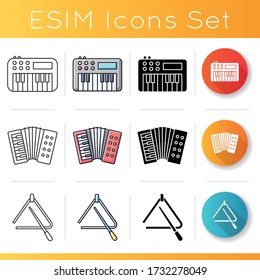 Band musical instruments icons set. Band performance. Keyboard to play melody. Accordion concert. Live orchestra music. Linear, black and RGB color styles. Isolated vector illustrations