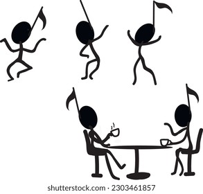 Band  Musical note Silhouette dancing, resting, drinking coffee at the table. 