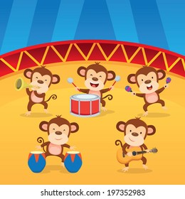 Band of musicians. Band of cute monkeys playing musical instruments.