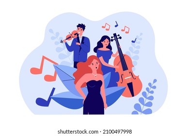 Band of musicians playing jazz music with violin and cello. Female singer singing song flat vector illustration. Acoustic music, performance concept for banner, website design or landing web page