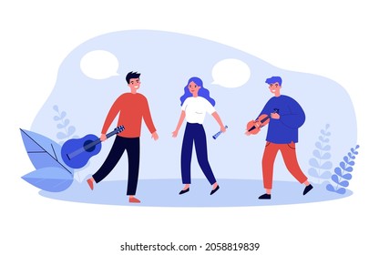 Band of musicians playing music, using violin, guitar and flute. People with musical instruments flat vector illustration. Jazz orchestra concept for banner, website design or landing web page