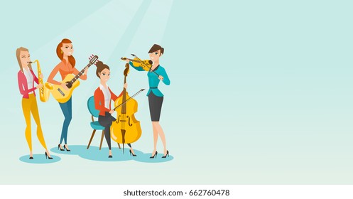 Band of musicians playing musical instruments. Group of young musicians playing musical instruments. Band of musicians performing with instruments. Vector flat design illustration. Horizontal layout.