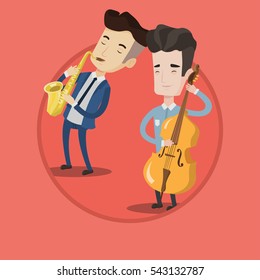 Band of musicians playing on musical instruments. Group of young caucasian musicians performing with musical instruments. Vector flat design illustration in the circle isolated on background.