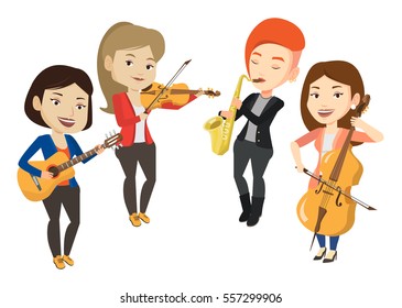 Band of musicians playing on musical instruments. Group of musicians playing on musical instruments. Musicians performing with instruments. Vector flat design illustration isolated on white background