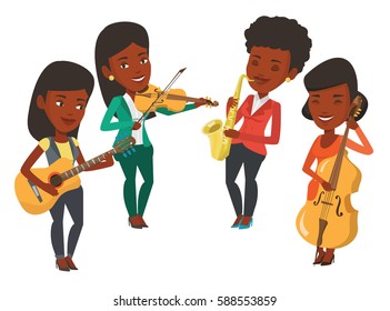 Band of musicians playing on musical instruments. Group of musicians playing on musical instruments. Musicians performing with instruments. Vector flat design illustration isolated on white background