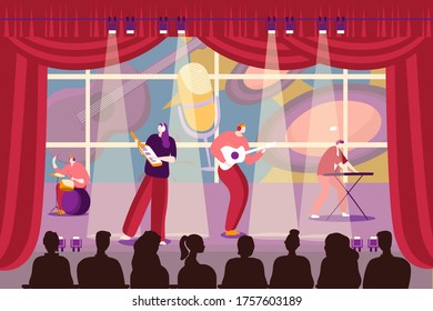 Band people playing music at stage,vector illustration. Cartoon man woman character musicians at performance, musical group. Show with guitar, piano and drums, flat banner. Art entertainment.