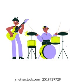 Apresenta músicos tocando guitarra elétrica e bateria, representando música ao vivo, colaboração e criatividade. Ilustração de vetor plano, isolada sobre fundo branco.