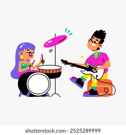 Band performance with girl playing drums and boy playing guitar, symbolizing creativity, music collaboration, and artistic expression in a vibrant flat vector illustration.