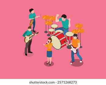 Band Performance with Musicians and Instruments 3d isometric vector illustration