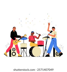 Band Performing With Drummer And Vocalist In Flat Vector Illustration Symbolizing Music, Performance, And Celebration, Isolated On White Background