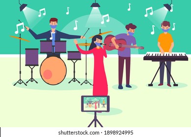 Band performing during pandemic 2D flat vector concept for banner, website, illustration, landing page, flyer, etc