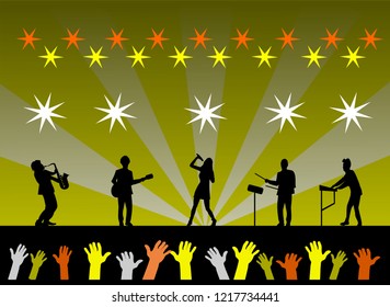 The band is performing on stage. There is a sparkling light in the background. Have a hand waving in front of the stage.