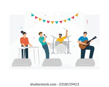 una banda interpreta su canción en un festival que se está llevando a cabo
diseño plano, ilustración vectorial