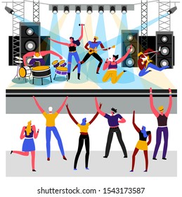 Band performs song on stage, rock concert stars and fans vector. Rockers or punks, drummer and guitarist, bass player and singer. Speakers and lights, performers or musicians and audience dancing
