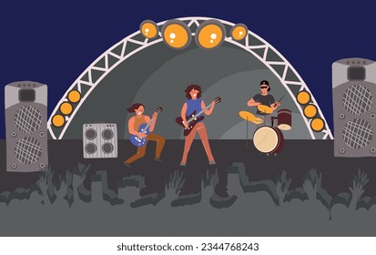 Band playing drums and guitars on rock music concert on outdoor stage with silhouettes of audience flat vector illustration