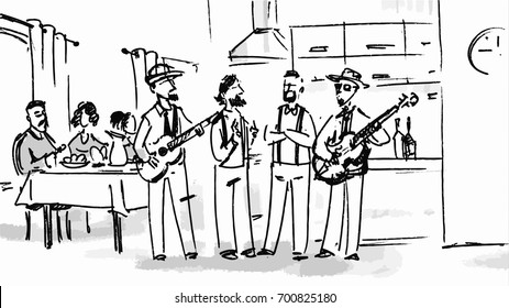Band playing the guitar in a kitchen Vector sketch for storyboard, cartoon, project